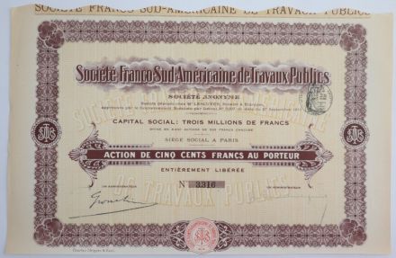 Акция Societe Franco-Sud-Americaine de Travaux Publics, 500 франков, Франция